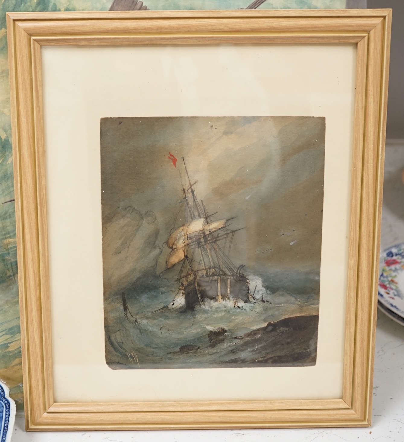 Richmond W. Markes (fl. 1890-1920), watercolour, Seascape with rigged ship, 21 x 18cm. Condition - fair, discolouration and minor creasing to the corners